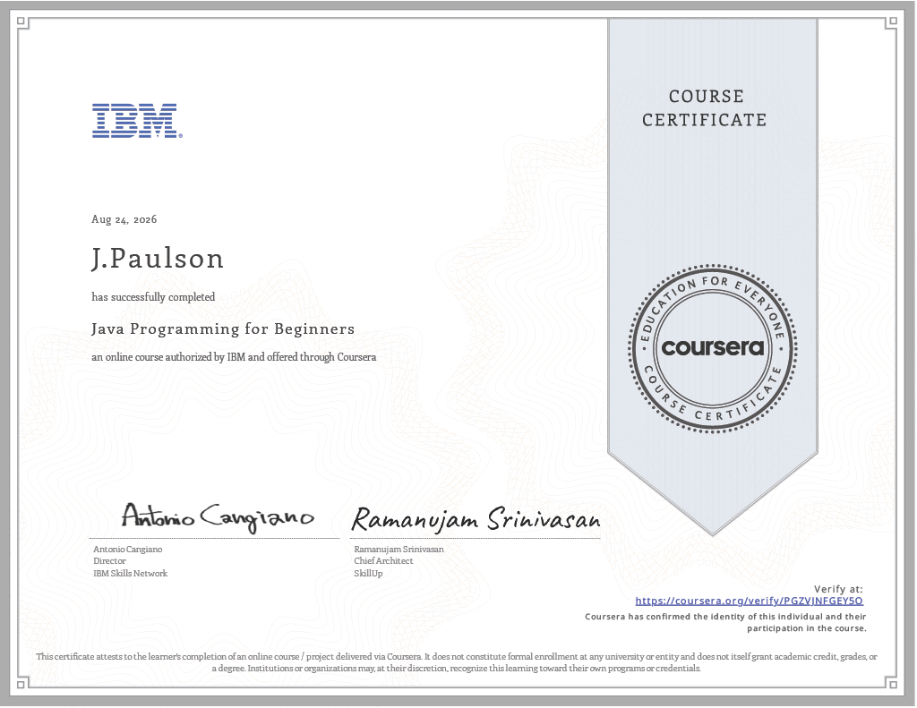 Screenshot for Java Programming for Beginners certificate