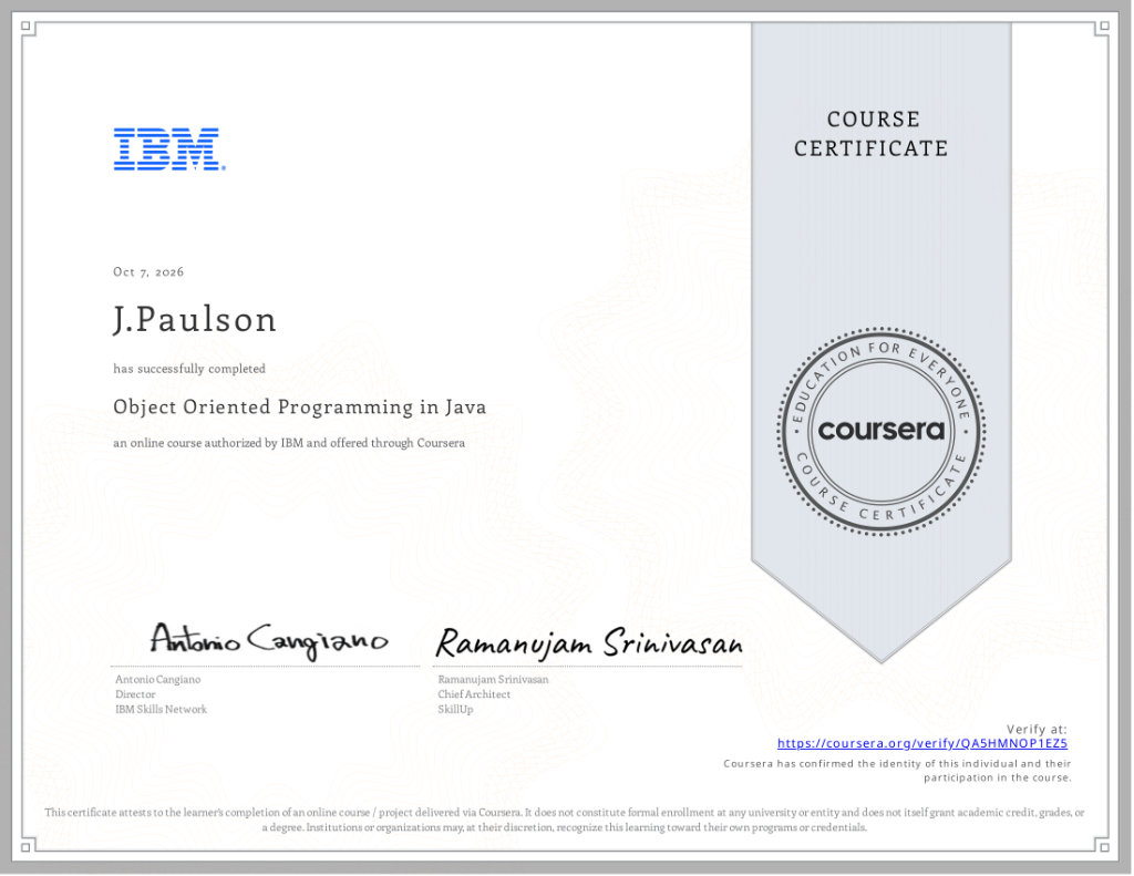 Screenshot for Object Oriented Programming in Java certificate