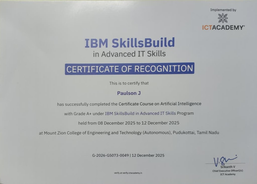 Screenshot for Artificial Intelligence IBM SkillsBuild certificate