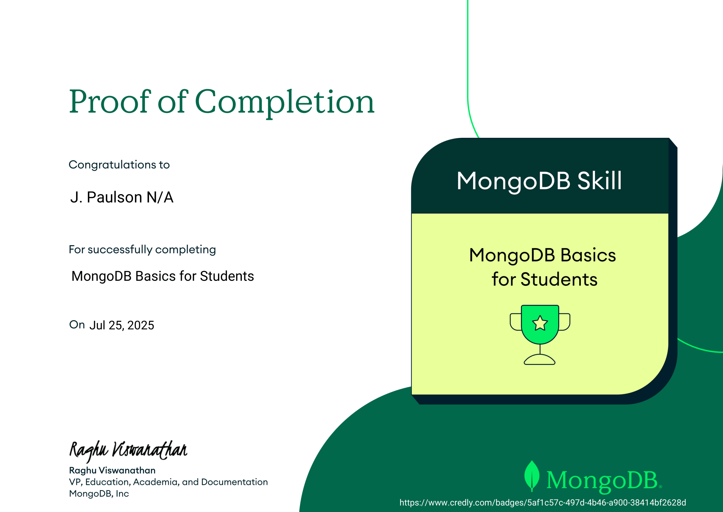 Screenshot for MongoDB Basics for Students certificate