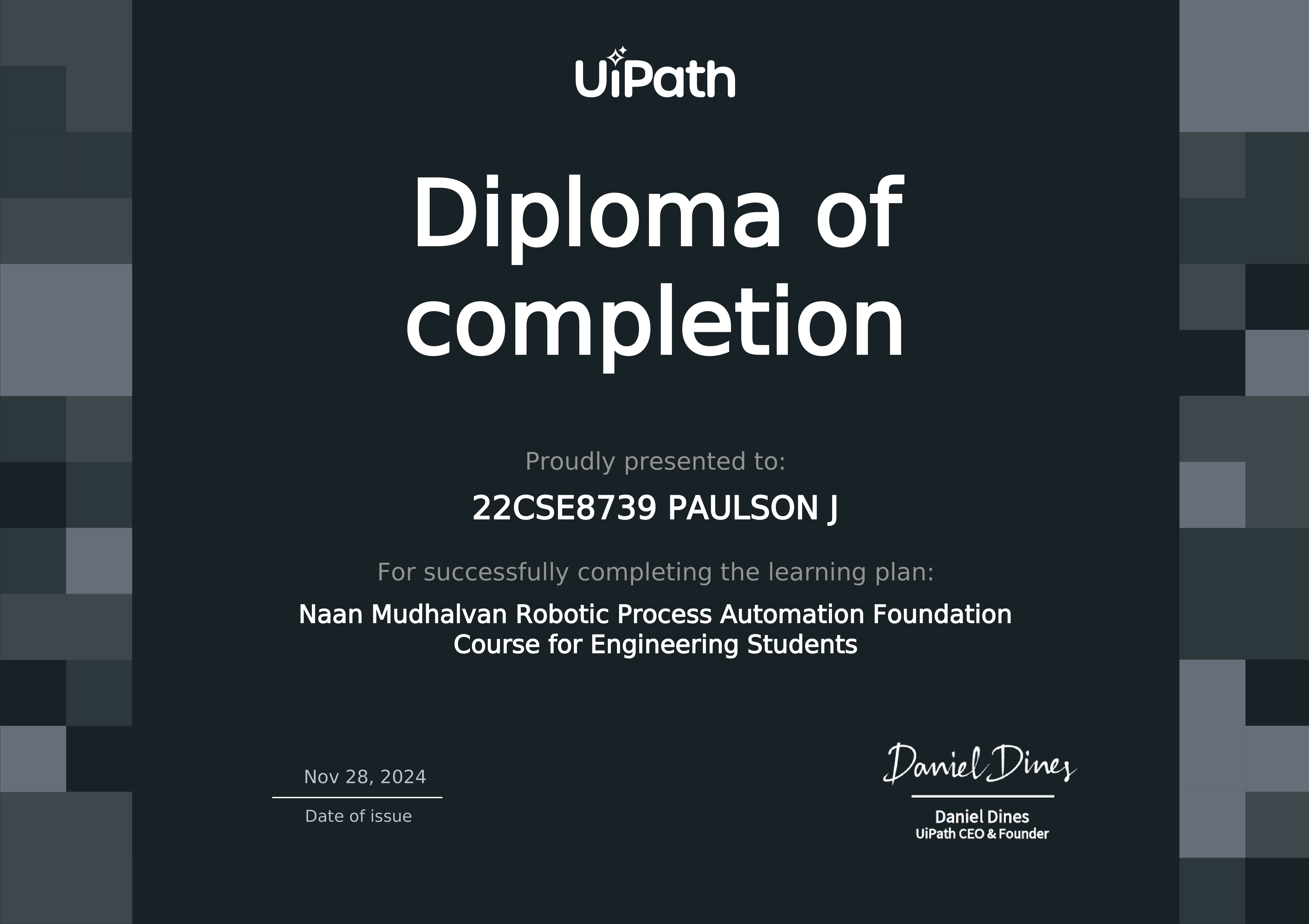 Screenshot for RPA Foundation Course certificate