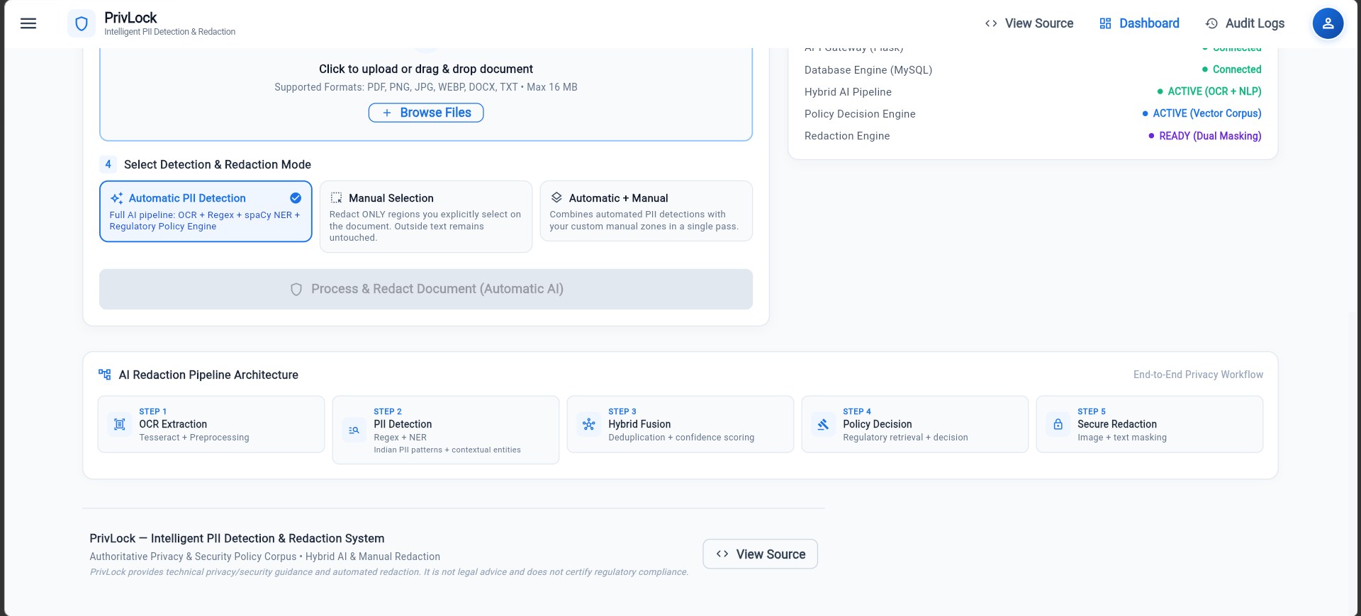 PrivLock AI intelligent PII detection and redaction interface