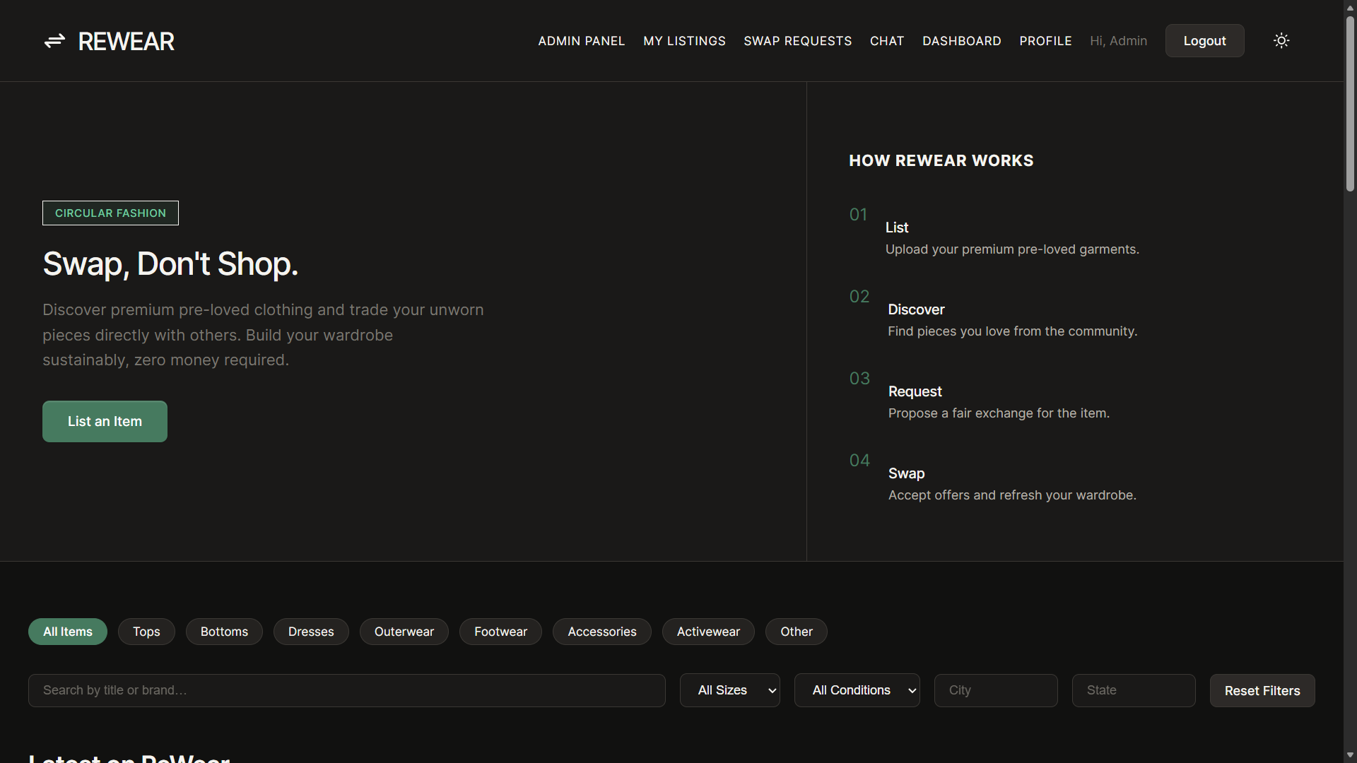 ReWear Clothing Exchange Marketplace interface