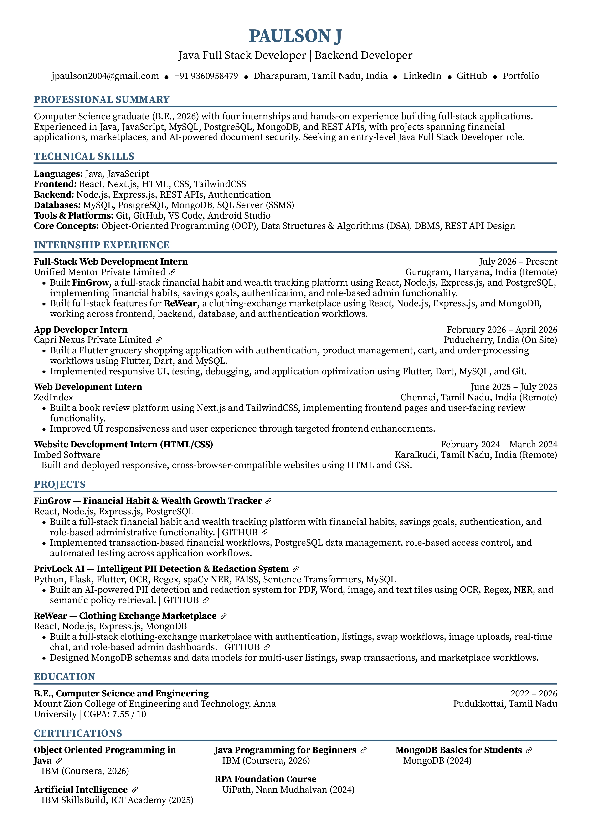 Paulson J Resume Preview